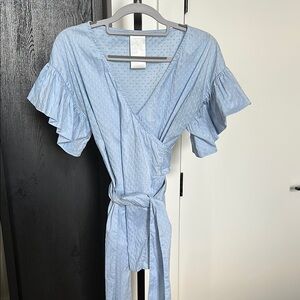 Meg Shop Blue Wrap Top with Ruffle Sleeves